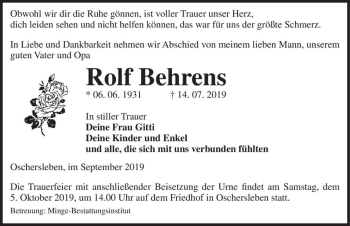 Traueranzeige von Rolf Behrends  von Magdeburger Volksstimme