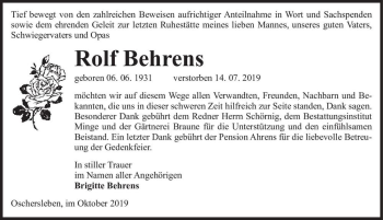 Traueranzeige von Rolf Behrens  von Magdeburger Volksstimme