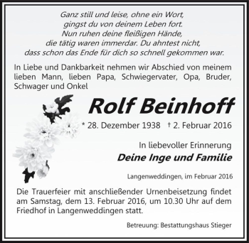 Traueranzeige von Rolf Beinhoff  von Magdeburger Volksstimme