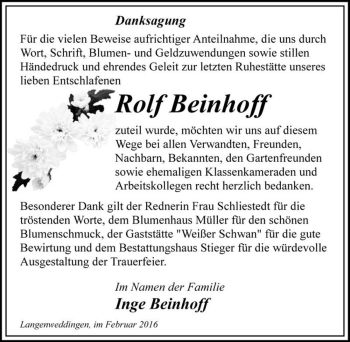 Traueranzeige von Rolf Beinhoff  von Magdeburger Volksstimme