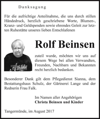 Traueranzeige von Rolf Beinsen  von Magdeburger Volksstimme
