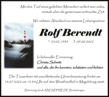 Traueranzeige von Rolf Berendt  von Magdeburger Volksstimme