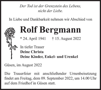 Traueranzeige von Rolf Bergmann  von Magdeburger Volksstimme