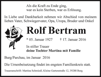 Traueranzeige von Rolf Bertram  von Magdeburger Volksstimme