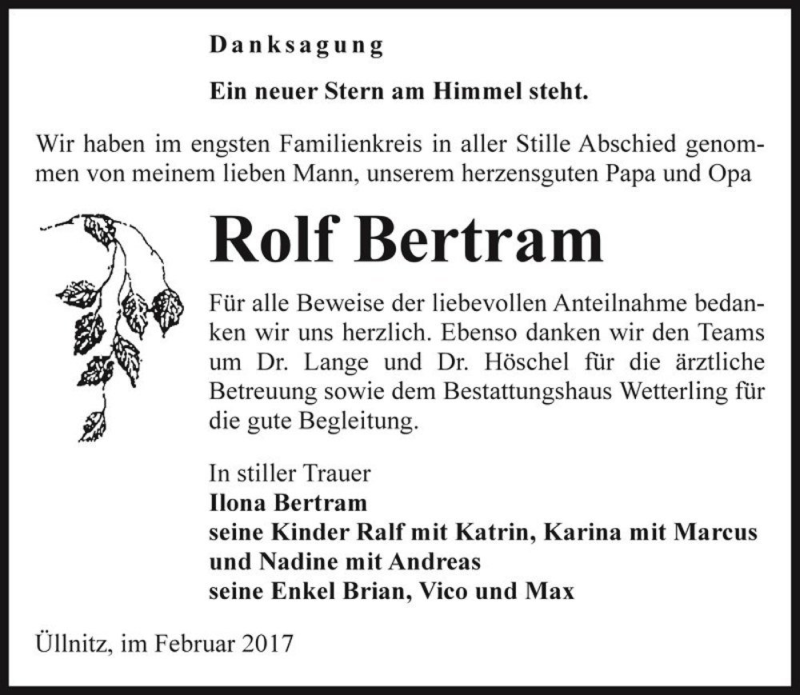  Traueranzeige für Rolf Bertram  vom 11.02.2017 aus Magdeburger Volksstimme