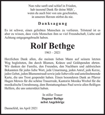 Traueranzeige von Rolf Bethge  von Magdeburger Volksstimme