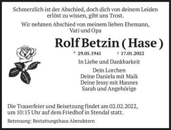 Traueranzeige von Rolf Betzin (Hase)  von Magdeburger Volksstimme
