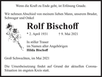 Traueranzeige von Rolf Bischoff  von Magdeburger Volksstimme