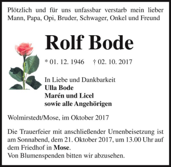 Traueranzeige von Rolf Bode  von Magdeburger Volksstimme