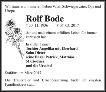 Traueranzeige von Rolf Bode  von Magdeburger Volksstimme