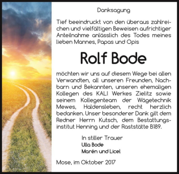 Traueranzeige von Rolf Bode  von Magdeburger Volksstimme