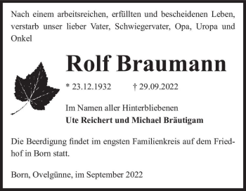 Traueranzeige von Rolf Braumann  von Magdeburger Volksstimme