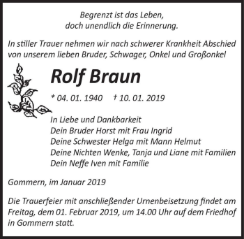 Traueranzeige von Rolf Braun  von Magdeburger Volksstimme