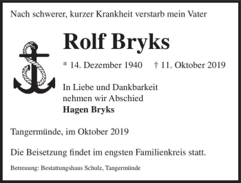 Traueranzeige von Rolf Bryks  von Magdeburger Volksstimme