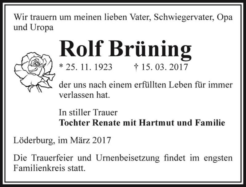  Traueranzeige für Rolf Brüning  vom 18.03.2017 aus Magdeburger Volksstimme
