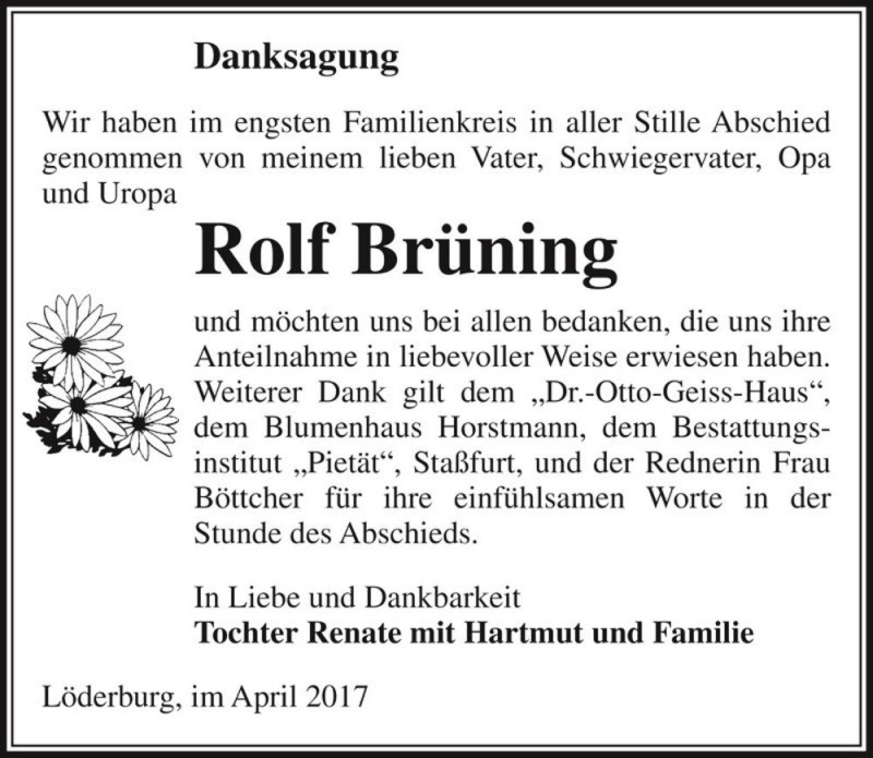  Traueranzeige für Rolf Brüning  vom 08.04.2017 aus Magdeburger Volksstimme
