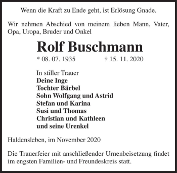 Traueranzeige von Rolf Buschmann  von Magdeburger Volksstimme