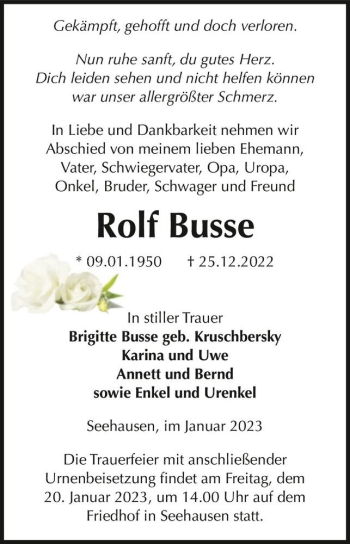 Traueranzeige von Rolf Busse  von Magdeburger Volksstimme