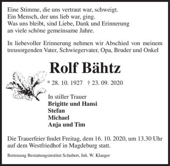 Traueranzeige von Rolf Bähtz  von Magdeburger Volksstimme