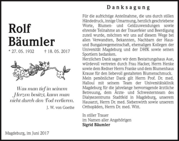 Traueranzeige von Rolf Bäumler  von Magdeburger Volksstimme