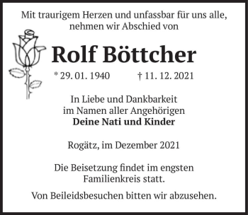 Traueranzeige von Rolf Böttcher  von Magdeburger Volksstimme