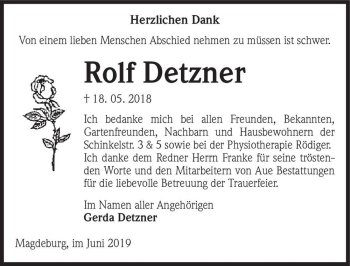 Traueranzeige von Rolf Detzner  von Magdeburger Volksstimme