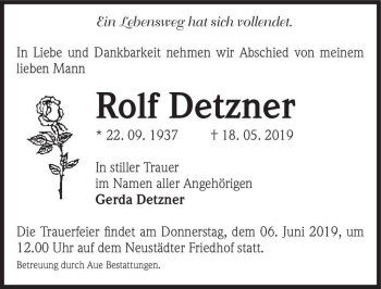 Traueranzeige von Rolf Detzner  von Magdeburger Volksstimme