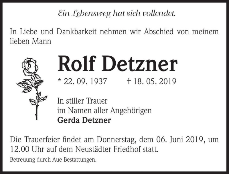  Traueranzeige für Rolf Detzner  vom 25.05.2019 aus Magdeburger Volksstimme
