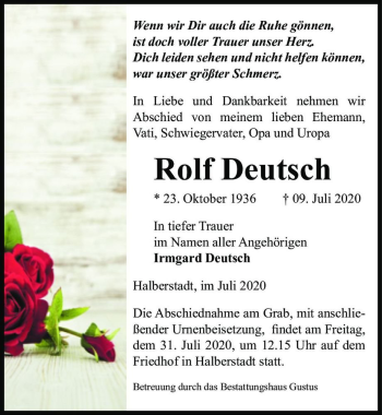 Traueranzeige von Rolf Deutsch  von Magdeburger Volksstimme