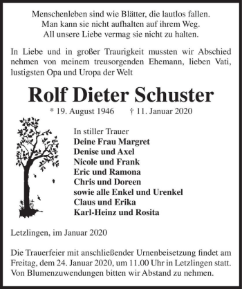 Traueranzeige von Rolf Dieter Schuster  von Magdeburger Volksstimme