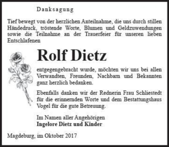 Traueranzeige von Rolf Dietz  von Magdeburger Volksstimme