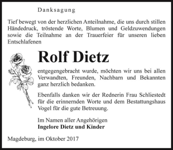 Traueranzeige von Rolf Dietz  von Magdeburger Volksstimme