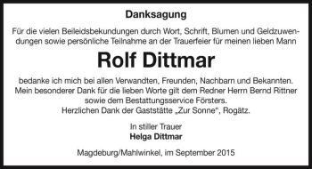 Traueranzeige von Rolf Dittmar  von Magdeburger Volksstimme