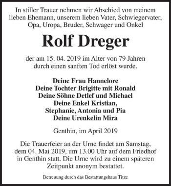 Traueranzeige von Rolf Dreger  von Magdeburger Volksstimme