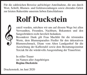 Traueranzeige von Rolf Duckstein  von Magdeburger Volksstimme