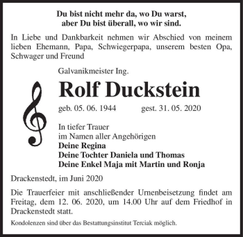 Traueranzeige von Rolf Duckstein  von Magdeburger Volksstimme