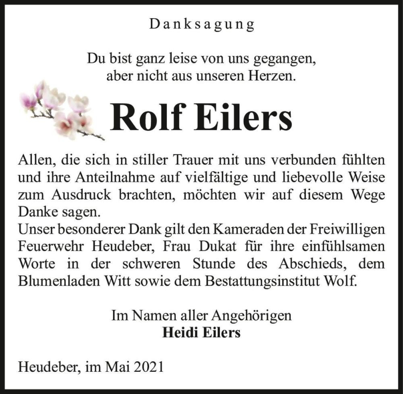  Traueranzeige für Rolf Eilers  vom 29.05.2021 aus Magdeburger Volksstimme