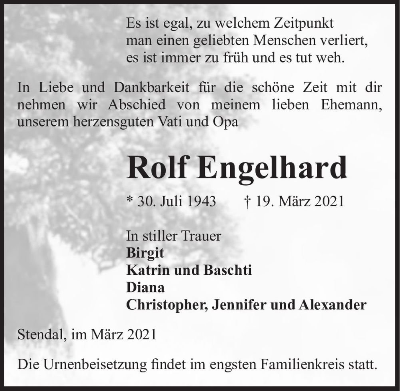  Traueranzeige für Rolf Engelhardt  vom 27.03.2021 aus Magdeburger Volksstimme