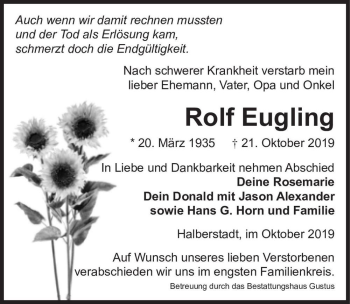 Traueranzeige von Rolf Eugling  von Magdeburger Volksstimme