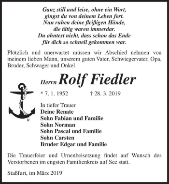 Traueranzeige von Rolf Fiedler  von Magdeburger Volksstimme