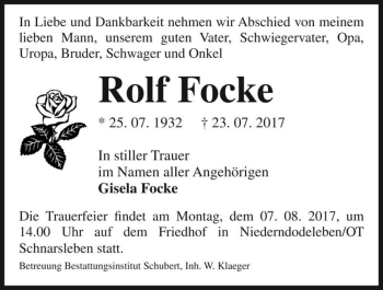 Traueranzeige von Rolf Focke  von Magdeburger Volksstimme