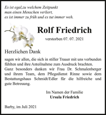 Traueranzeige von Rolf Friedrich  von Magdeburger Volksstimme