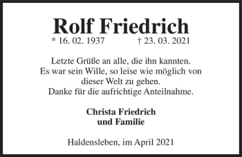 Traueranzeige von Rolf Friedrich  von Magdeburger Volksstimme