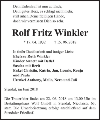 Traueranzeige von Rolf Fritz Winkler  von Magdeburger Volksstimme