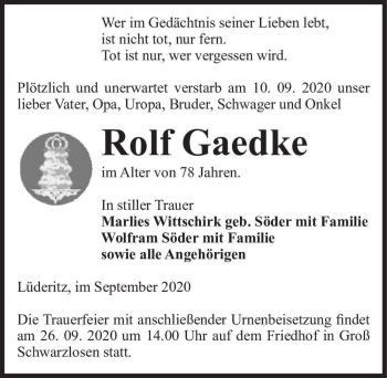 Traueranzeige von Rolf Gaedke  von Magdeburger Volksstimme