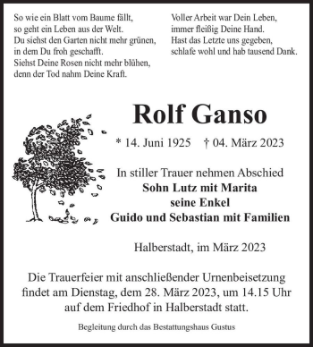 Traueranzeige von Rolf Ganso  von Magdeburger Volksstimme