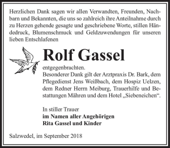Traueranzeige von Rolf Gassel  von Magdeburger Volksstimme