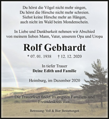 Traueranzeige von Rolf Gebhardt  von Magdeburger Volksstimme