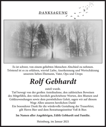 Traueranzeige von Rolf Gebhardt  von Magdeburger Volksstimme