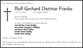 Traueranzeige von Rolf Gerhard Dietmar Franke  von Magdeburger Volksstimme
